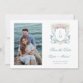 Elegante bruiloft Crest w / Rozen | Monogram Save The Date (Voorkant)