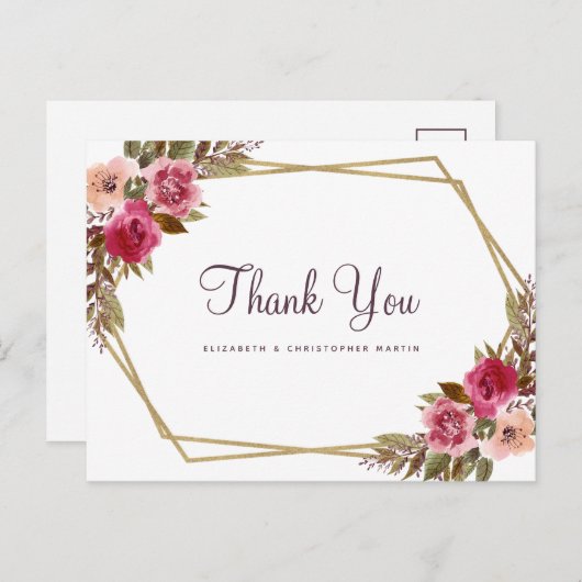 Elegante bruiloft dank u bloemengoud Lijst Briefkaart (Voorkant / Achterkant)