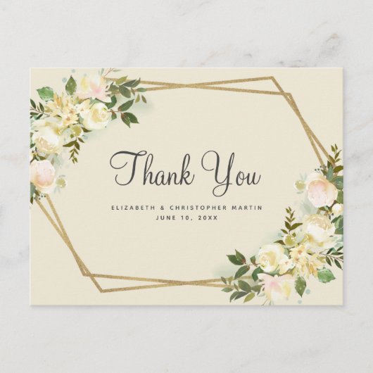 Elegante bruiloft dank u Waterverf Bloemen Goud Briefkaart (Voorkant)