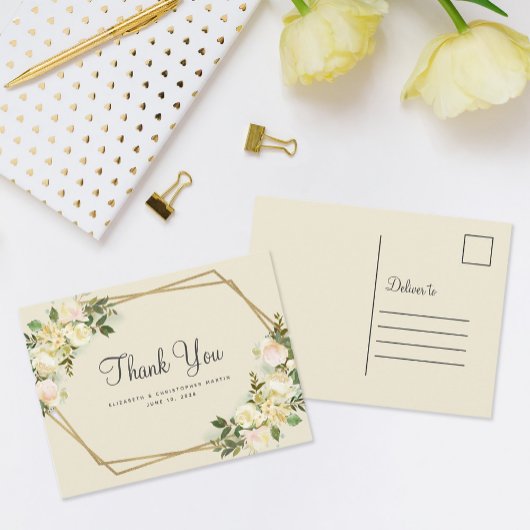 Elegante bruiloft dank u Waterverf Bloemen Goud Briefkaart