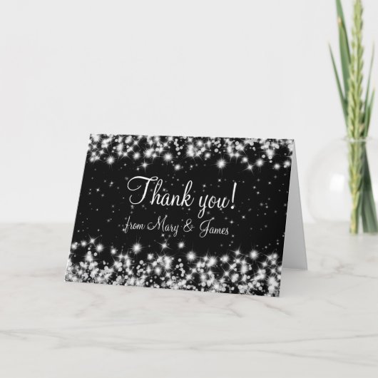 Elegante bruiloft dank u winter sparkle zwart bedankkaart (Voorkant)