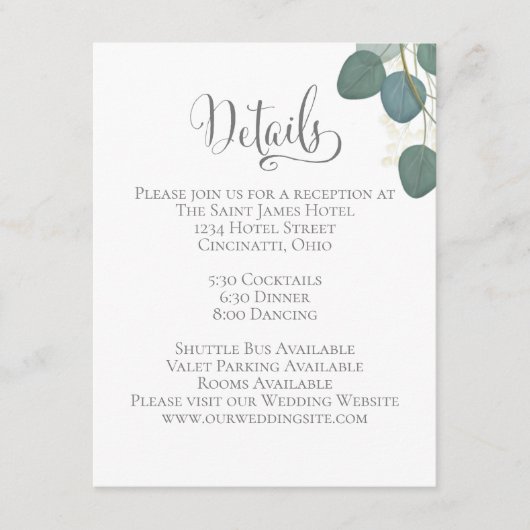 Elegante bruiloft Details Groene Eucalyptus blader Informatiekaartje (Voorkant)