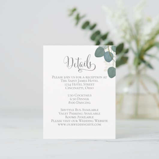 Elegante bruiloft Details Groene Eucalyptus blader Informatiekaartje (Staand voorkant)