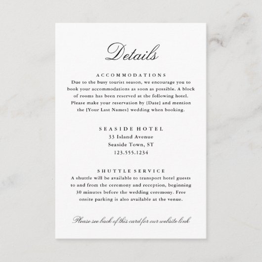 Elegante bruiloft Details Hotel Info QR code Informatiekaartje (Voorkant)