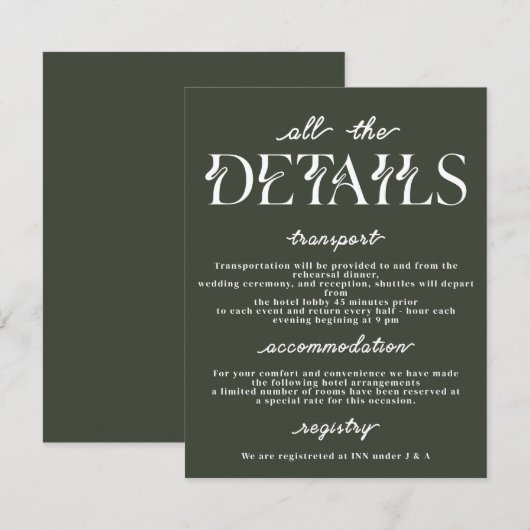 Elegante bruiloft details Kaart | Moderne typograf (Voorkant / Achterkant)