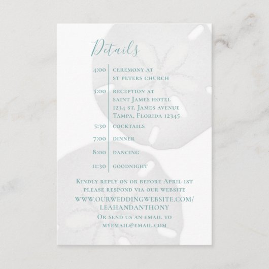 Elegante bruiloft Details Tijdlijn Strand Zand Dol Informatiekaartje (Voorkant)