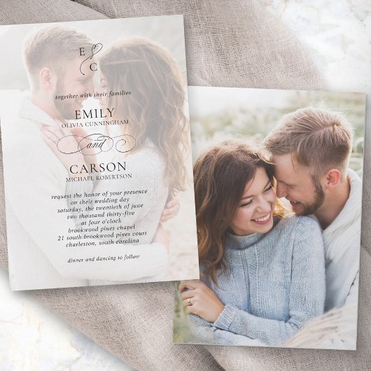 Elegante bruiloft faux vellum overlay foto monogra kaart