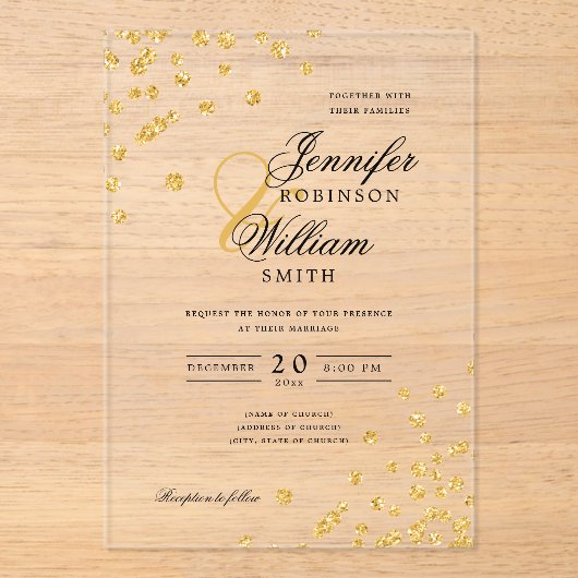 Elegante bruiloft gouden glitter Confetti thema Acryl Uitnodigingen (Voorkant)