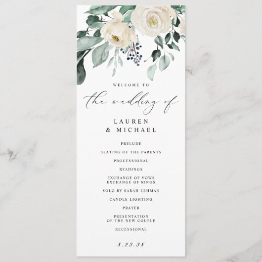 Elegante bruiloft groen blad wit bloemprog programmakaart (Voorkant)