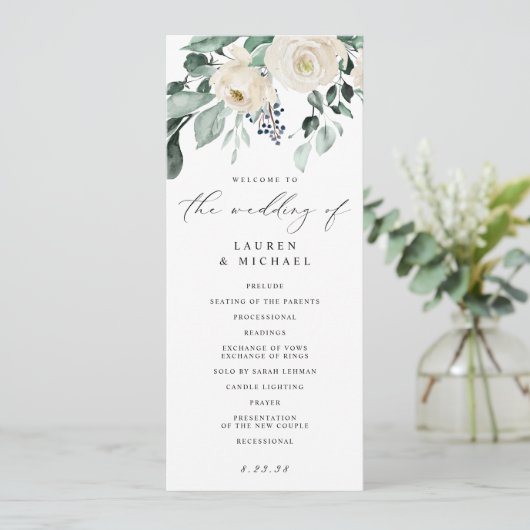 Elegante bruiloft groen blad wit bloemprog programmakaart (Staand voorkant)