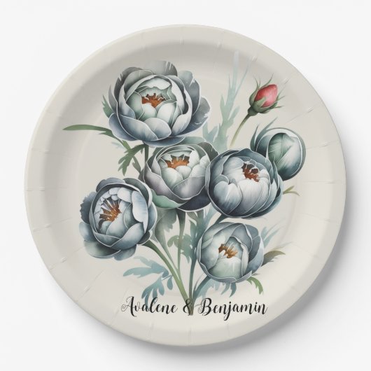 Elegante bruiloft groen en grijs boeket papieren bordje (Voorkant)