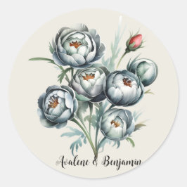 Elegante bruiloft groen en grijs boeket ronde sticker