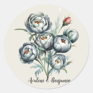 Elegante bruiloft groen en grijs boeket ronde sticker
