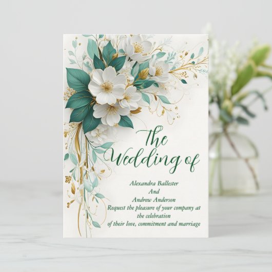 Elegante bruiloft groen wit gouden bloemen kaart (Staand voorkant)