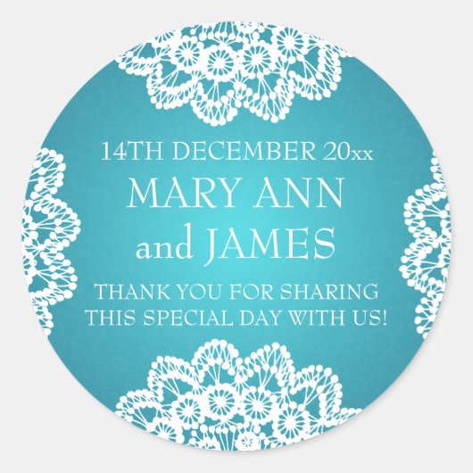 Elegante bruiloft gunst tag kant blauw ronde sticker (Voorkant)