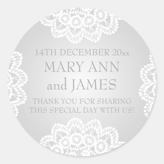 Elegante bruiloft gunst tag  kant zilver ronde sticker (Voorkant)