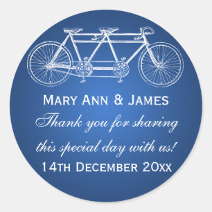 Elegante bruiloft gunst tag tandem fiets blauw ronde sticker