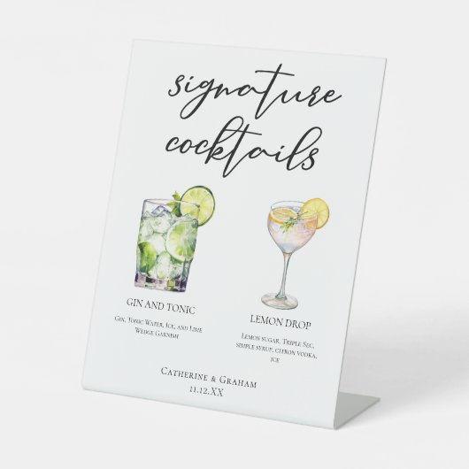 Elegante bruiloft handtekening cocktails menu reclamebord met voetstuk (Voorkant)