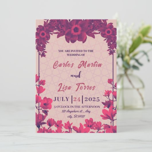 Elegante bruiloft in beige, roze bloemen kaart (Staand voorkant)