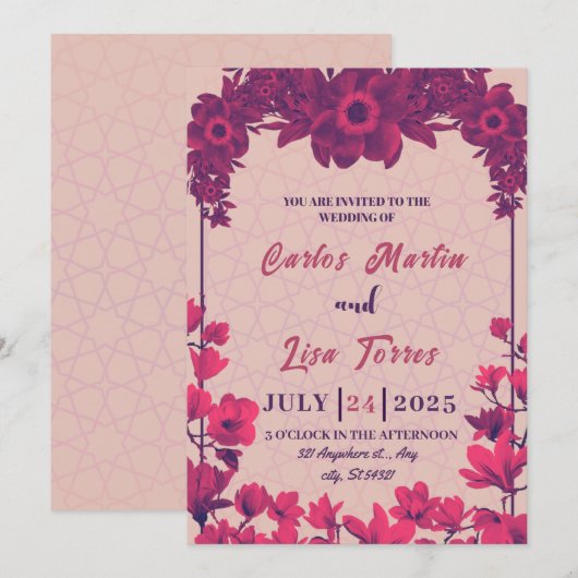 Elegante bruiloft in beige, roze bloemen kaart (Voorkant / Achterkant)