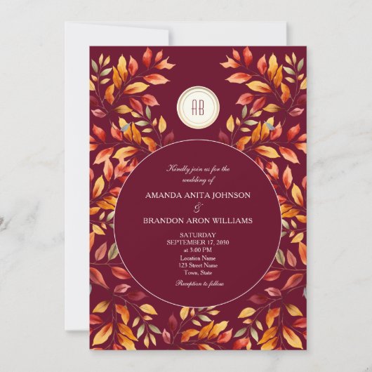 Elegante bruiloft in herfsttinten burgundy kaart (Voorkant)