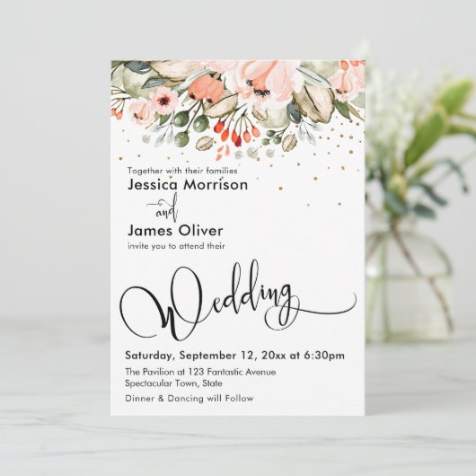 Elegante bruiloft kalligrafie Bloemen & Gouden Con Kaart (Staand voorkant)