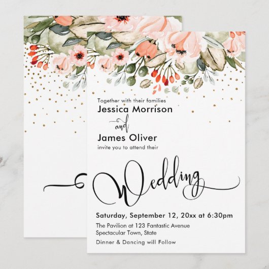 Elegante bruiloft kalligrafie Bloemen & Gouden Con Kaart (Voorkant / Achterkant)