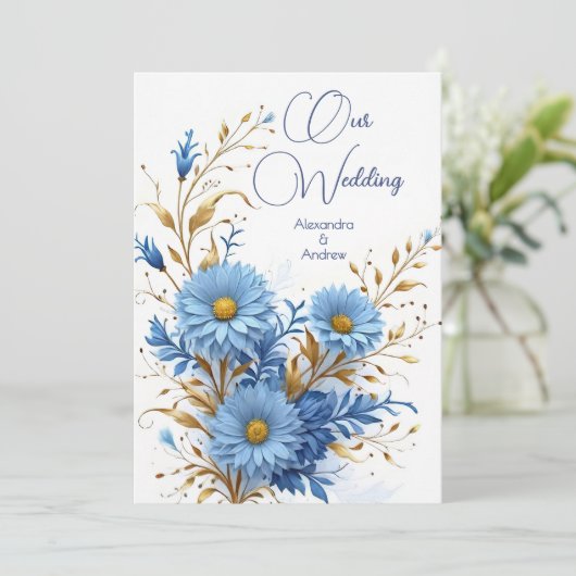 Elegante bruiloft Korenbloem Blauw Goud Bloemen Kaart (Staand voorkant)