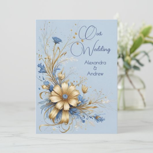Elegante bruiloft Korenbloem Blauw Gouden Bloemen Kaart (Staand voorkant)