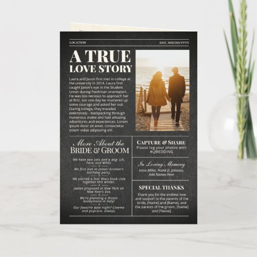 Elegante bruiloft krant w. Tijdlijn Zwart & Goud Folie Wenskaart (Achterkant)