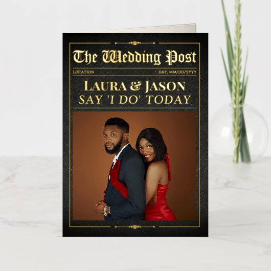 Elegante bruiloft krant w. Tijdlijn Zwart & Goud Folie Wenskaart (Voorkant)