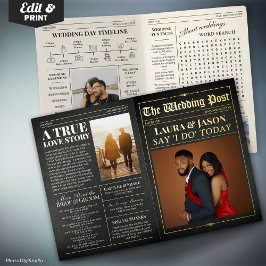 Elegante bruiloft krant w. Tijdlijn Zwart & Goud Folie Wenskaart