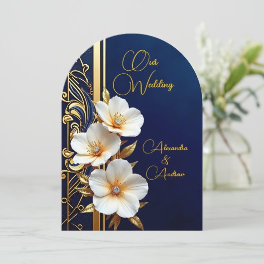 Elegante bruiloft Marine Blauw Goud Diamant Bloeme Kaart (Staand voorkant)