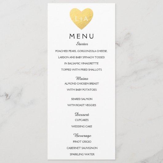 Elegante bruiloft Menu hart initialen (Voorkant)