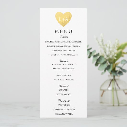 Elegante bruiloft Menu hart initialen (Staand voorkant)