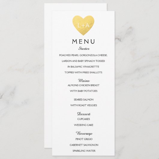 Elegante bruiloft Menu hart initialen (Voorkant / Achterkant)