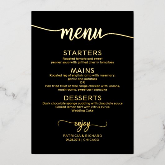 Elegante bruiloft menu's zwart goud folie uitnodiging (Voorkant)