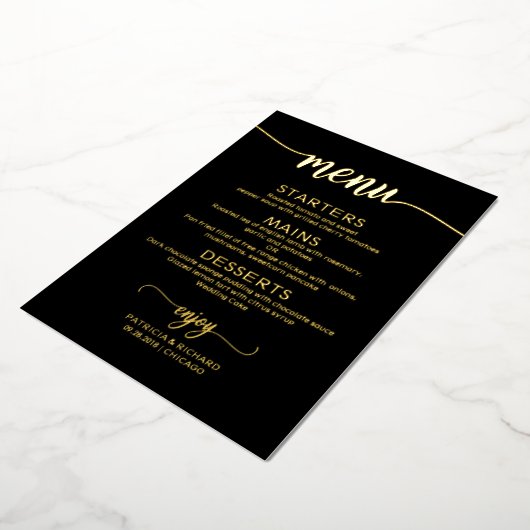 Elegante bruiloft menu's zwart goud folie uitnodiging (Gedraaid)