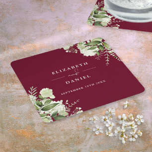 Elegante bruiloft met bloemrijke groenvoorziening kartonnen onderzetters