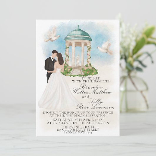 Elegante bruiloft met bruid en bruidegom tuinhuisj kaart (Staand voorkant)