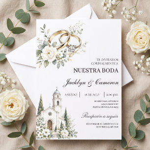 Elegante bruiloft met kerk, gouden ringen kaart