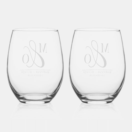 Elegante Bruiloft Monogram Drinkware Set Wijnglas Zonder Voet (Achterkant)