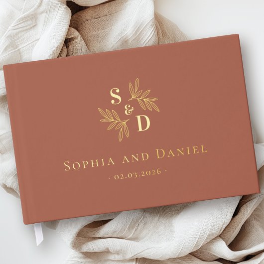 Elegante bruiloft monogram groen laat echte folie gastenboek