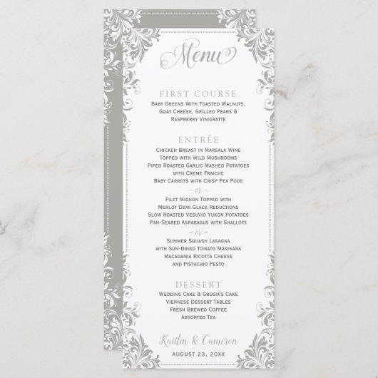 Elegante bruiloft of event menu's (grijs) (Voorkant / Achterkant)
