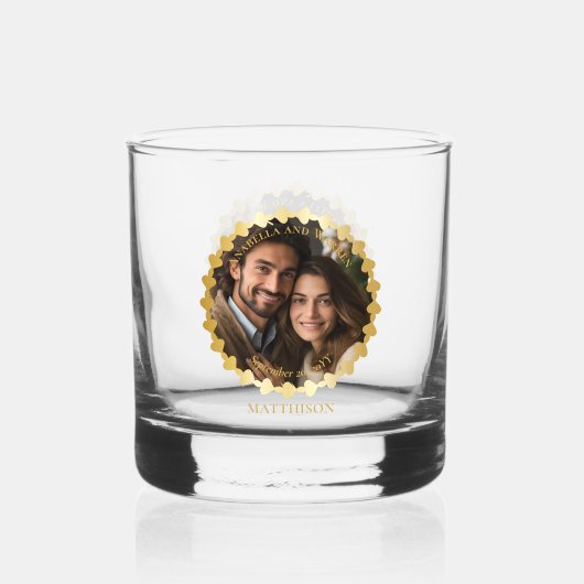 Elegante bruiloft of Jubileum paar foto naam Whisky Glas (Voorkant)