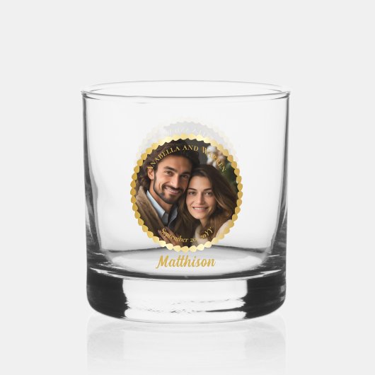 Elegante bruiloft of Jubileum paar foto naam Whisky Glas (Voorkant)