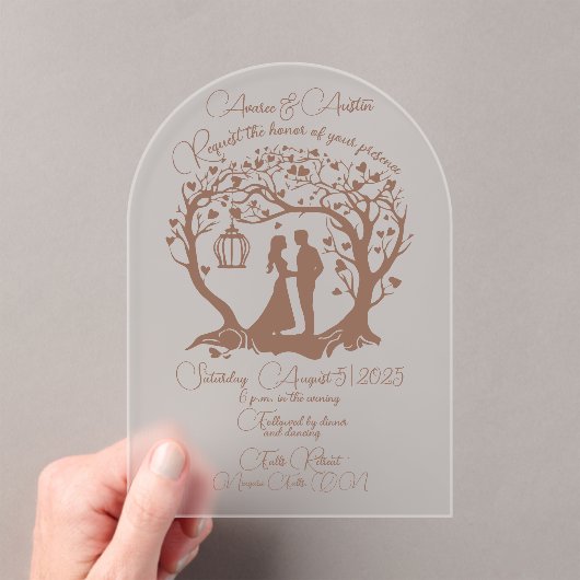 Elegante bruiloft paar boom ingelijst bruin acryl uitnodigingen (Insitu (Draagbaar))