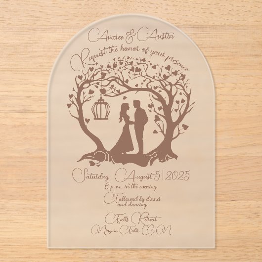 Elegante bruiloft paar boom ingelijst bruin acryl uitnodigingen (Voorkant)