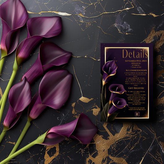 Elegante bruiloft Paarse lelies Script Details Kaa RSVP Kaartje