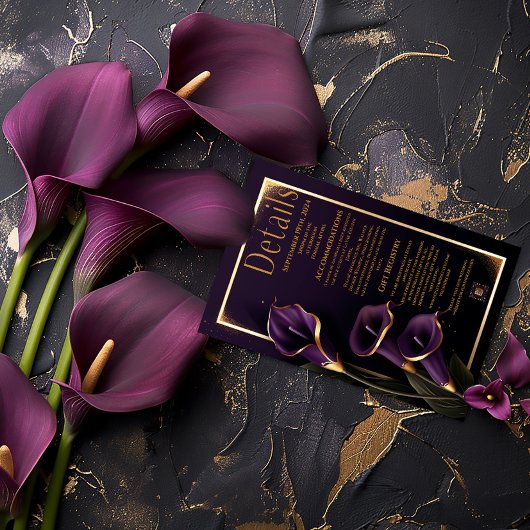 Elegante bruiloft Paarse lelies Script Details Kaa RSVP Kaartje